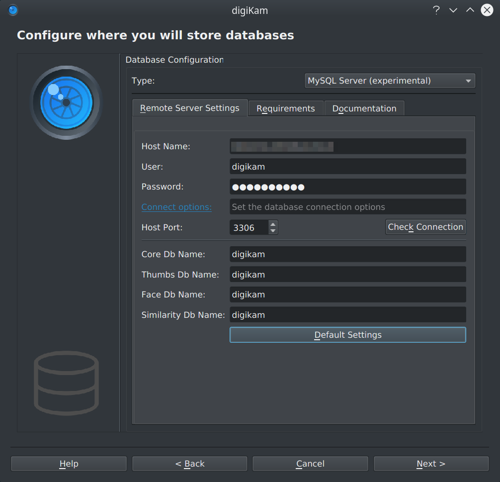 digiKam database configuration screen